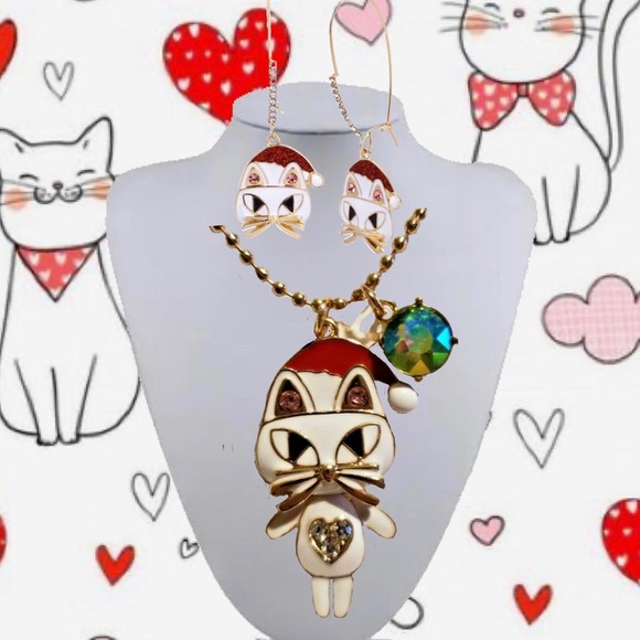 SET CHRISTMAS CAT NECKLACE AND HOOK EARRINGS - Picture 1 of 8